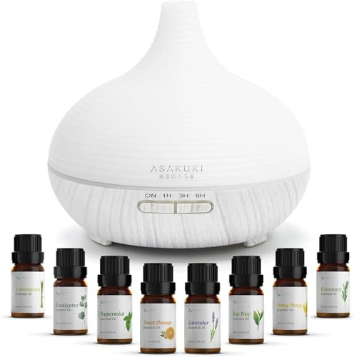 ASAKUKI 300ml Essential Oil Diffuser with 8 * 10ml Pure Essential Oils Gift Set, Ultrasonic Aromatherapy Humidifier, 7 LED Color Lights, Cool Mist Diffuser for Bedroom, Yoga-White