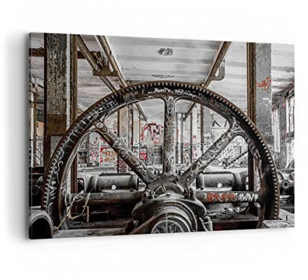 Bilder auf Leinwand 100x70cm Leinwandbild Maschine Industrie Graffiti Groß Wanddeko Bild Schlafzimmer Küche Deko Wandbilder Dekoration Wohnzimmer Wall Decor Canvas Wand Kunstdruck Art AA100x70-4304