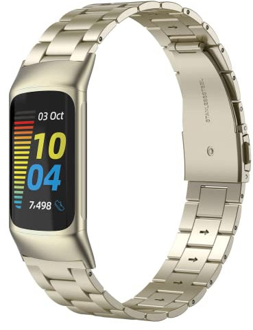 Wearlizer Kompatibel mit Fitbit Charge 6/Charge 5 Armband, Metall Edelstahl Slim Lightweight Business Ersatz für Charge 6/Charge 5 Activity Tracker Damen, Weiches Gold