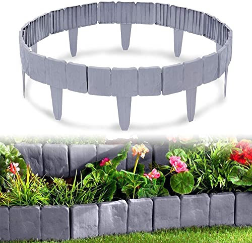 UISEBRT Bordures de Jardin 10 m Bordure de pelouse en Plastique Bordure de Gazon Clôture Effet, Aspect Pierre, Décoration de Jardin, 1 élément (L x H): 25 cm x 23 cm - Gris
