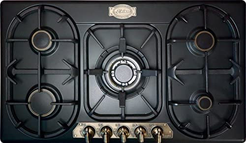 Kaiser KG 9325 Em Retro Cocina independiente de gas de 90 cm/Cocina de gas exclusiva de Kaiser/Plan de cocción de gas/Negro/Rejillas de hierro fundido/Quemador WOK 3,8 kW con adaptador