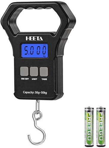 HEETA Fischwaage, 50 kg, digital, tragbar, hängende Angelwaage mit hintergrundbeleuchtetem LCD-Display, Gepäckwaage mit Haken und rutschfestem großem ABS-Griff, 2 AAA-Batterien im Lieferumfang