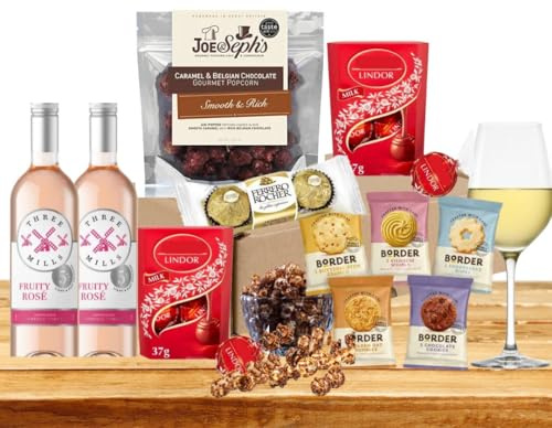 Chocolate Hamper & Rosé Wine Gift Set- Ferreros Rochers, Almond Biscuits & Lindts Lindor Assorted Truffles and Popcorn- Valentine's Day- Mother’s Day Gift Hamper