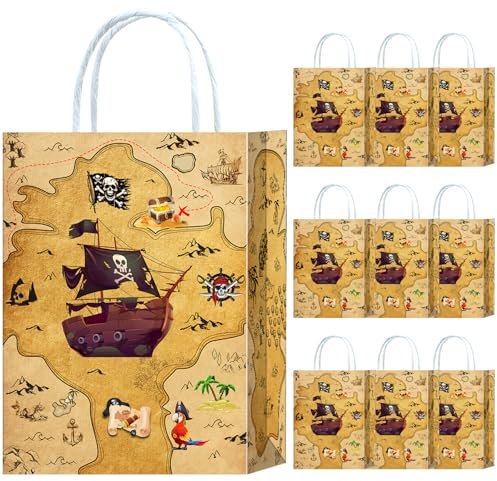10 Stück Piraten Party Taschen,Piraten Geschenktüten Papiertüten mit Henkel,Piratenschiff Geburtstag Geschenktaschen,Pirate Papier Gastgeschenke Tüten Piratenparty Mitgebseltüten