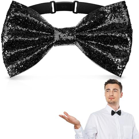 Molain Schwarze Fliege mit Pailletten Herren, Glitzer Fliege Herren, Verstellbare Glitzernde Vorgebundene Fliege für Männer Glitzer Kostüm Accessoire für Hochzeit Party Karneval Fasching