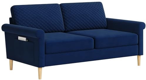 Vesgantti Velvet 2 Seater Sofa, 164cm Loveseat Sofa with Bilateral Pocket Storage, Upholstered Couch Perfect for Living Room, Bedroom, Office, Apartment, Tool-free Assembly, 164L*76D*85Hcm, Dark Blue