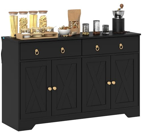 HOMCOM Buffet Meuble de Rangement Armoire de Cuisine Style Rural 2 tiroirs et 2 placards avec étagères à hauteurs réglables - dim. 121L x 37l x 75H cm Noir