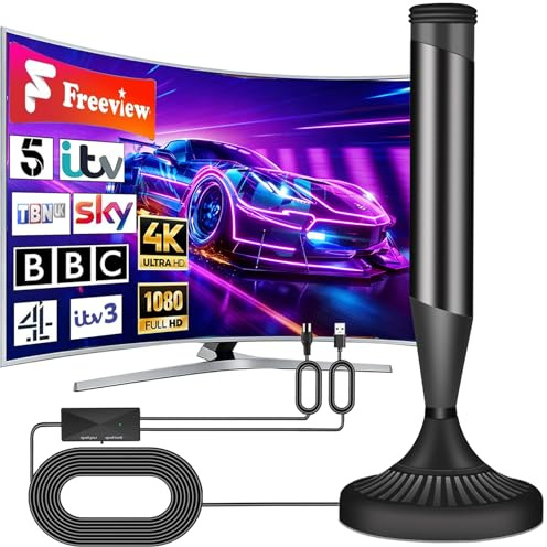 CSUXYD Indoor TV Aerial, Indoor Aerial for Smart Tv with 360° Long Range Reception, Strong Magnetic Base Digital Tv Aerial Indoor with Signal Booster Amplifier, Suit for All TVs（Black-0410）