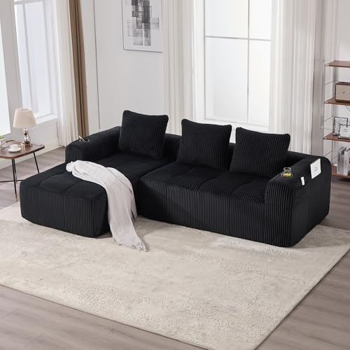 Jaxenor 3-4 Sitzer Cloud Sofa, Boneless Couch mit 3 Rückenkissen, Modulares Sofa für Wohnzimmer, Cord-Liegesessel mit Integrierter Seitentasche und Getränkehalter, Ohne Montage, Schwarz