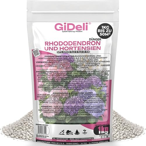 GiDeli Rhododendron Dünger & Hortensiendünger 1 kg Granulat NPK Mg | Ammoniumsulfat senkt den Boden-pH, Magnesium gegen Vergilbung, Mikronährstoffe für kräftige Blüten, für Moorbeetpflanzen
