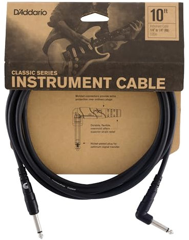 D'Addario Cable de guitarra - Cable para Instrumentos de la serie Classic -1/4 Pulg Macho a 1/4 Pulg Macho - 3.048 Metros - Right Angle - 1-Paquete