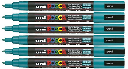 Posca PC-3M Emerald Green Colour Paint Marker Pen 1.5mm Fine Bullet Nib Writes On Any Surface Glass Metal Wood Plastic Fabric (Pack Of 6)