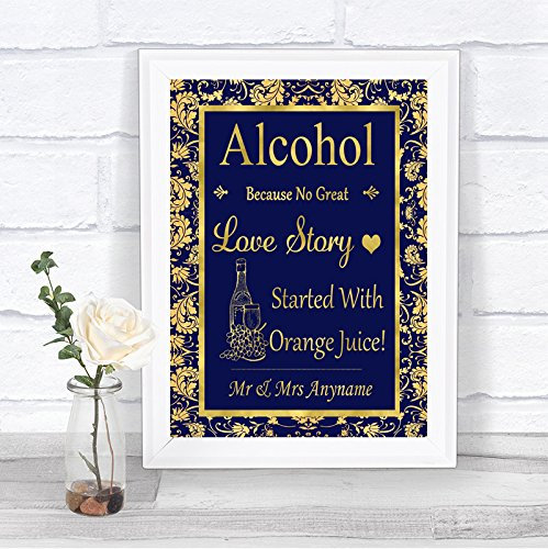 Blue and Gold Alcohol Bar Love Story Personalised Wedding Sign Print