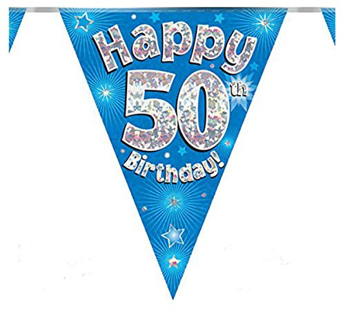 Happy 50th Birthday Blue Holographic Foil Party Bunting 3.9m Long 11 Flags
