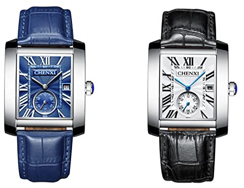 JewelryWe Vatertagsgeschenk 2pcs Herren Armbanduhr, Retro Kalender Analog Quarz Uhr mit Rechteckig Römischen Ziffern Zifferblatt und Leder Armband, Farbe: Schwarz, Blau