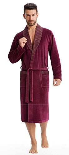 LEVERIE Peignoir de Bain/Sauna Classe Homme en Coton avec col châle en Contraste, Bordeaux, XXL