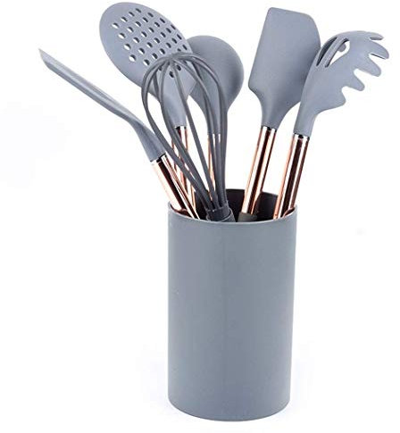 RANRANJJ Utensilios de Cocina de Silicona Set, Resistente al Calor Antiadherente de Silicona de Cocina Herramientas (Titular Gris)