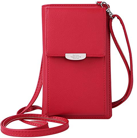 WANYIG Frauen Brieftasche Cross-Body Tasche PU Leder Handy Schultertasche Kleine Damen Geldbörse Handy Mini-Tasche Kartenhalter Umhängetasche(Rot)