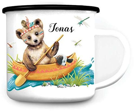 Wandtattoo Loft Emaillebecher Kindertasse bedruckt mit Indianer Bär im Boot personalisiert mit Wunschname, schwarz