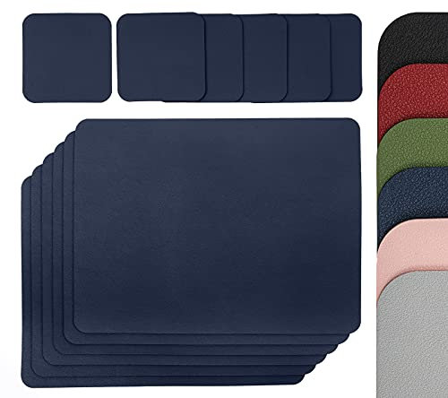 Set mit 6 Kunstleder-Tischsets 24 x 32 cm und 6 Getränkeuntersetzer 10 x 10 cm – doppelseitig, maschinenwaschbar, Knitter- und schmutzabweisend (Marineblau)