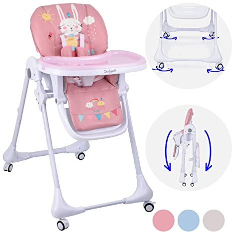 Daliya® SITONMI 3in1 Kinderhochstuhl - Babyliege Kinderstuhl Babystuhl Hochstuhl mit 4 Räder - Korb - Neugeborenen Einlage 7 Fach Höhenverstellbar (Rosa)