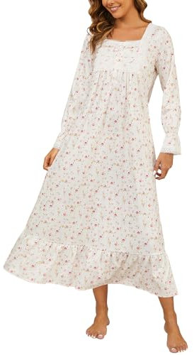 Women's Knit Floral Long Sleeve Cotton Nightgown Button Front Long House Dress with Pokcets (Vintage Rose, S)