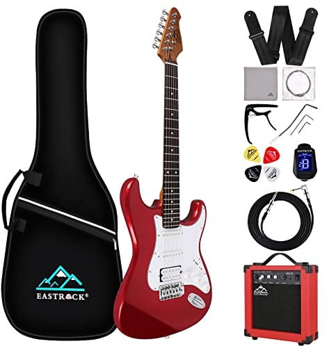 Eastrock 39 inch Full-Size Electric Guitar Kit for Junior Beginners, Starter Electric Guitar with 10w Amplifier Bag Capo Shoulder Strap String (39 Right Handed, Metallic Red)