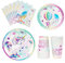 WERNNSAI Einhorn Party Geschirr Set - Regenbogen Einhorn Party Zubehör für Mädchen Party Paket Inklusive Abendessen Dessertteller Tassen Servietten Geschirr Für 16 Gäste 64 STK