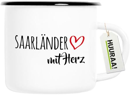Huuraa Emaille Tasse Saarländer mit Herz Geschenk | 300ml Becher Weiß mit Schwarzem Rand Vintage Campingbecher Geschenkidee Kaffeetasse als Wohnwagen Zubehör Campingtasse