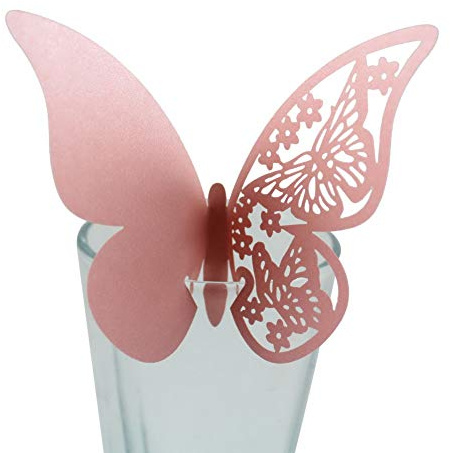 Wambere 50 Stück Schmetterling Trichterwinde Tischkarten Namenskarten Glasanhänger Wandsticker für Tischdeko Hochzeit Party Haus Deco,Schmetterling Tischkarten Laser Platzkarten Namenskarten,Rosa