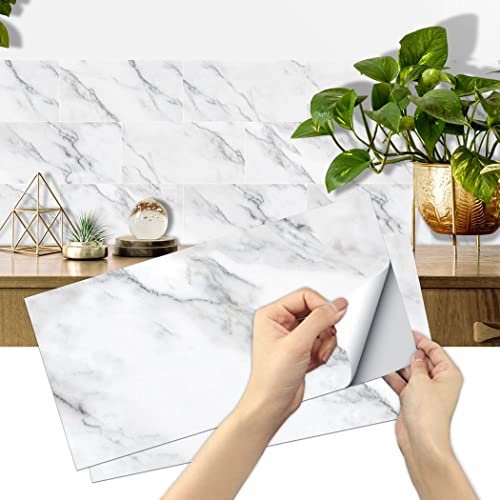 Fliesenaufkleber 15x30cm für Küchen, AMOYUN 12 Stück Marmor PVC Fliesensticker Fliesen Badezimmer Selbstklebende Fliesendekor Aufkleber Backstein zum Esszimmer Bad Fliesenfolie Deko