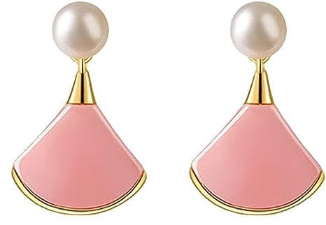 New Creative Design Inlaid Fan Pink Enamel Pearl Pendant Earrings For Women Romantic Exquisite Charm Jewelry Gift