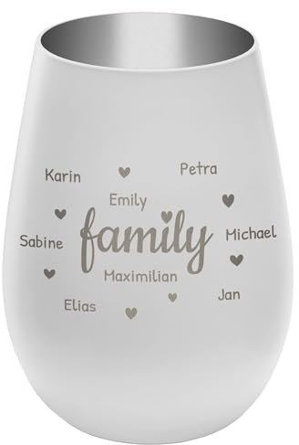 Windlicht mit Gravur Family - personalisierbar mit Namen - Außen Weiß/Innen Silber - Höhe 12 cm - Teelichthalter Kerzenhalter Vornamen Familienmitglieder