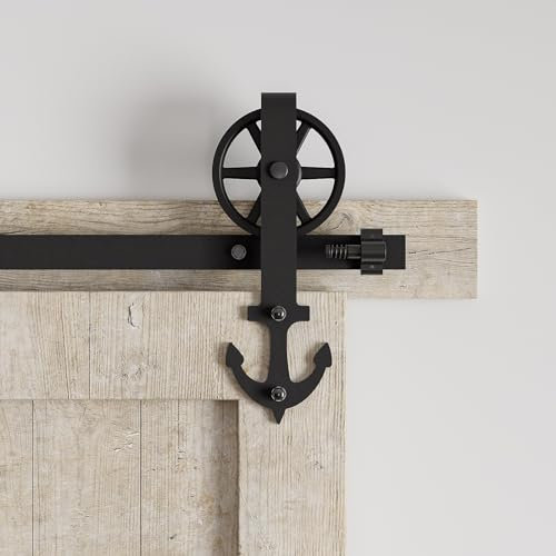 LTIYITL 5FT Heavy Duty Carbon Steel Barn Door Track, Vintage Industrial Style Big Wheel Anchor Hook Plate, Sliding Door Hardware Kit, Top Mount Roller, Black