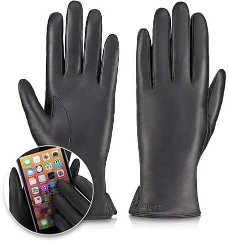BETLEWSKI - Damen Handschuhe aus Schafsleder gefüttert - Warme Winter Lederhandschuhe für Damen in Schwarz mit Wollfutter - Winterhandschuhe für Touchscreens - Modell Midnight iTouch - XL