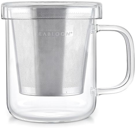 Teabloom Premium Borosilikatglas Tasse mit Edelstahl-Tee-Ei und Deckel – 240 ml