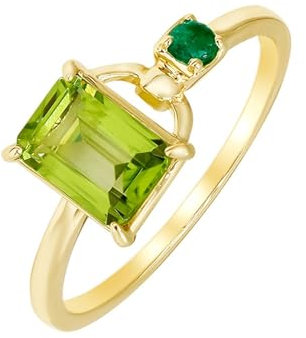 KnSam Echte Goldschmuck Solitärring Gold 375 9K, Verlobungsring mit Olivin und Smaragd Olivengrün Gelbgold Au750 Diamantring Smaragd Echte Goldschmuck, Gr.58 (18.5)