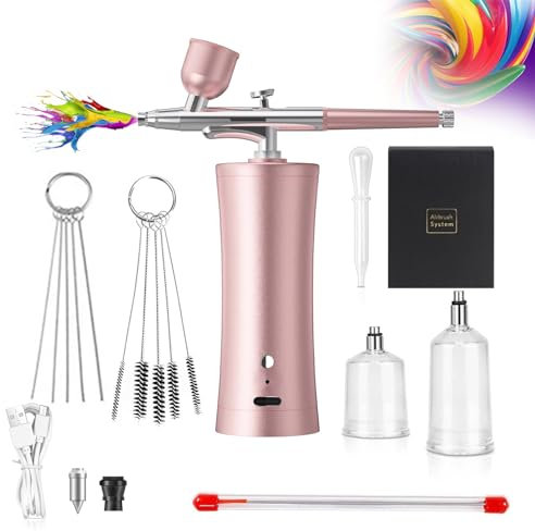 Holzsammlung Airbrush Kit, Rechargeable Cordless Airbrush Compressor High Pressure Airbrush Set Portable Wireless Air Brush with Cleaning Brush Set for Barber, Nail Art, Cake Decor, Makeup, Painting