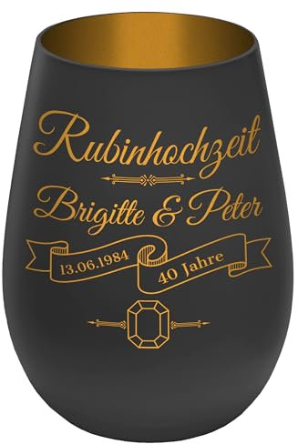 Windlicht mit Gravur ''40 Jahre Rubinhochzeit'' - Schwarz/Gold - Glas Teelichthalter personalisierbar mit Wunschtext - Geschenk zu Hochzeit Jahrestag Jubiläum