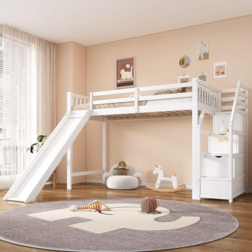 YCYDHDM Hochbett Kinderbett 90 x 200 cm mit Rutsche und Rausfallschutz, Etagenbett mit Lattenrost, Bettgestell mit Treppe und Stauraum, für Jungen und Mädchen, Ohne Matratze, Weiß