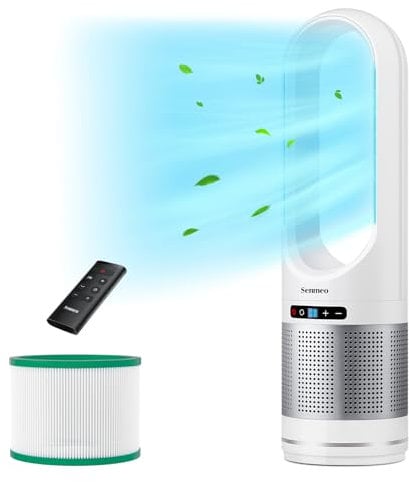 Senmeo 32 Bladeless Tower Fan with Air Purifier, Bladeless Fan with Remote, HEPA Filter for 99.7% Smoke Dust Dander, 8 Speeds, 90° Oscillation, 8 H Timer, LED Display, Air Purifier for Home