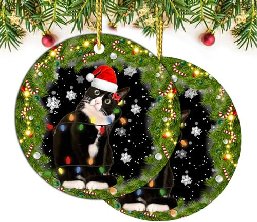 DECORLUXES Set 2 Christmas Ornaments 3.1 - Tuxedo Cat Acrylic Ornament, Black and White Cat Christmas - Black cat Ornament - Christmas Tree Decoration Ornament