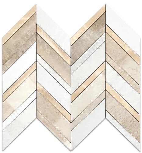 Yipscazo 10 Sheets Herringbone Stick on Tiles,Beige Mixed Gray Stone Splashback for Kitchen Wall, Waterproof Self Adhesive Wall Tiles for Bathroom