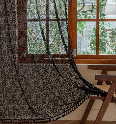 Schwarze Spitzenvorhänge, Gothic, 213,3 cm lang, dunkel, böhmische Quasten-Vorhänge, Vintage, Halloween, Gothic, durchsichtig, Vorhang für Wohnzimmer, Schlafzimmer, Privatsphäre, Hexe, Gothic,