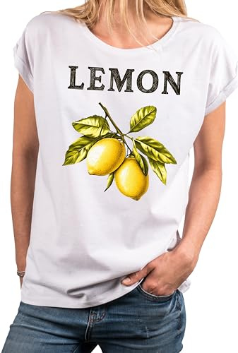 MAKAYA Damenshirt mit Zitronen Motiv Kurzarm Top Frauen Oberteil mit Zitronenprint Damen Shirt