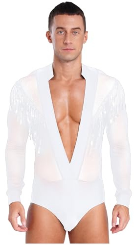 TiaoBug Herren Latein Body Langarm Hemd mit Tiefer V Ausschnitt Ballettanzug Transparent Ballett Trikot Pailletten Quaste Gymnastik Leotard Glänzend Kostüm