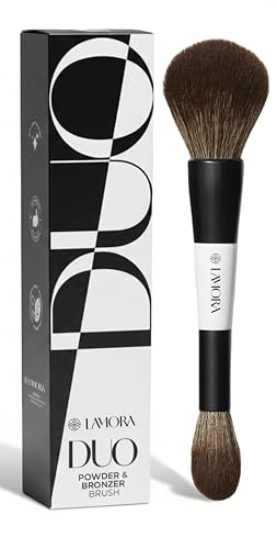 Lamora Poudre + Bronzer Pinceau Maquillage Double | Pinceaux Duo Moelleux Visage pour Compacte Libre Poudre Bronzer Highlighter Blush, Vegan, Sans Cruauté & Poils Synthétiques