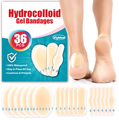 36PCS Hydrocolloid Blister Bandages – Blister Bandages for Feet, Blister Prevention & Recovery – Waterproof Blister Pads & Blister Cushions for Heel, Toe & Foot
