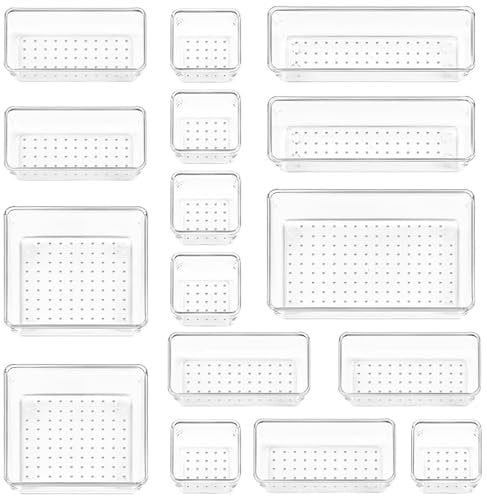 16 Stück Schubladeneinsatz - Schubladen Organizer - transparentes Kunststoffmaterial - Ordnungssystem für Schubladen - 4 Größen Kombination - für Schreibtisch, Büro, Küche, Bad