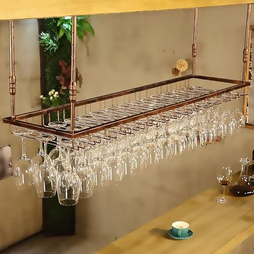 Dernoing Mensole Sospese Soffitto Regolabile, Portabicchieri Sospeso Metallo, Porta Calici Sospesi Salvaspazio per Sala da Pranzo Home Bar/Cucina/Caffetteria (bronzo, 60x35x(30-60) cm)